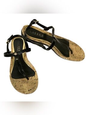 Lauren Ralph Lauren Reeta Sandals Size 9 Black T-Strap Cork Flat Quiet Lux